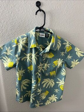 SpongeBob Squarepants Green Tropical Palm Print Button-Down Shirt Sz S Vacay